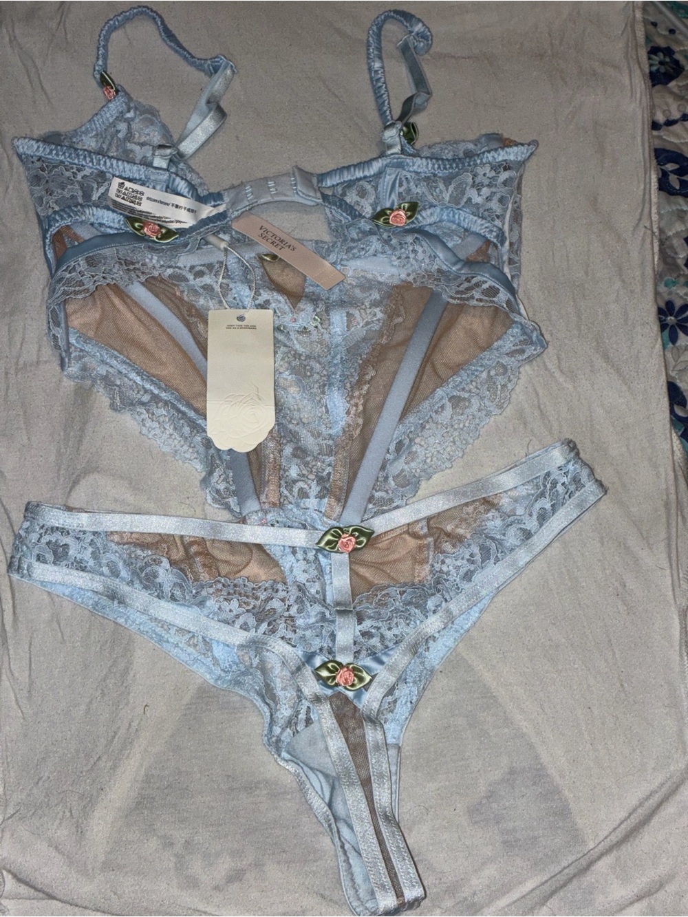 For Love And Lemons Pale Blue Lace Strappy Lingerie Set